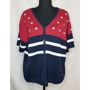 VTG Norton‎ Studio American Flag USA Patriotic Short Sleeve Cardigan Women's XL